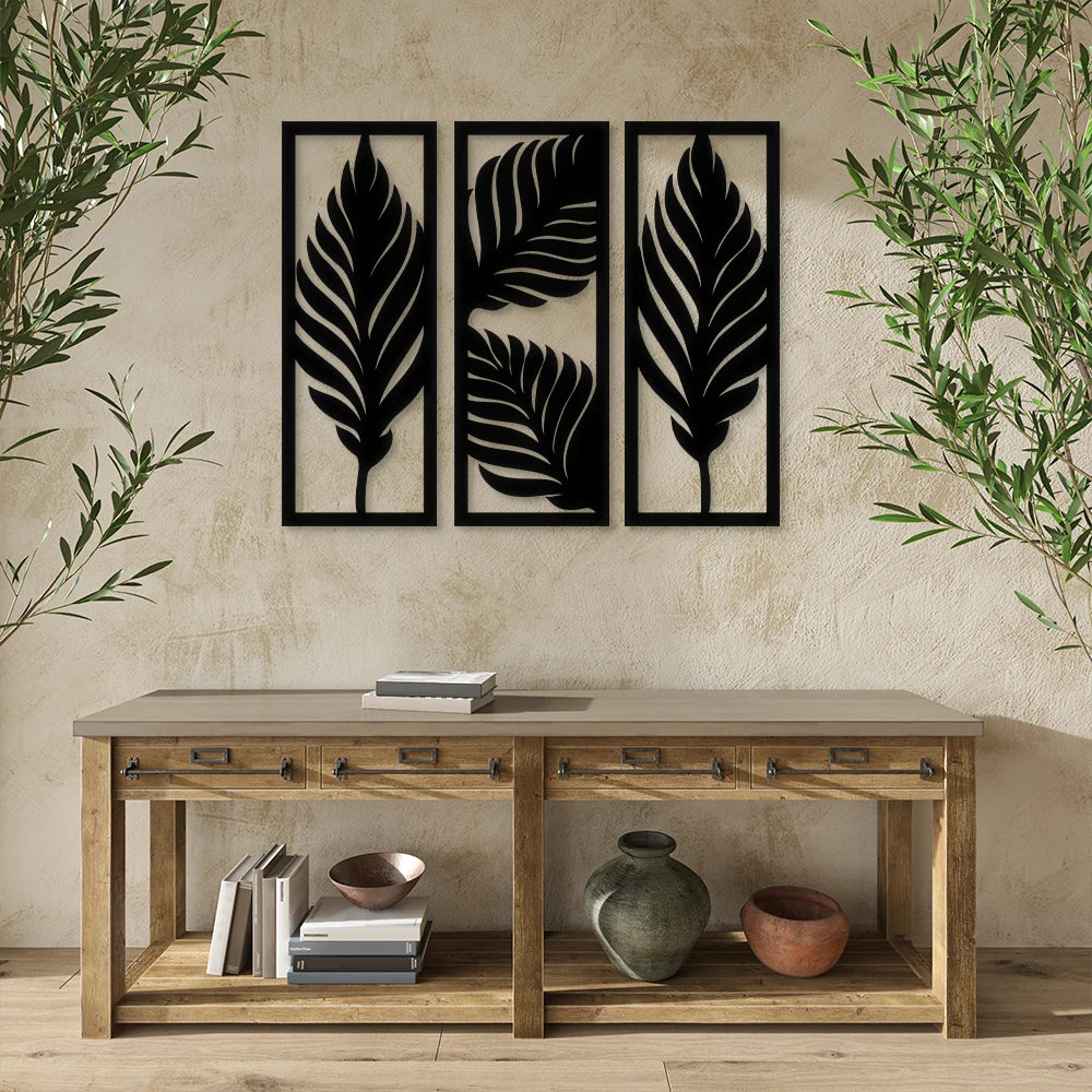 Boho Tropical Leaves Wood Wall Art Set - 3Pcs Black Plaque for Living Room/Bedroom Decor