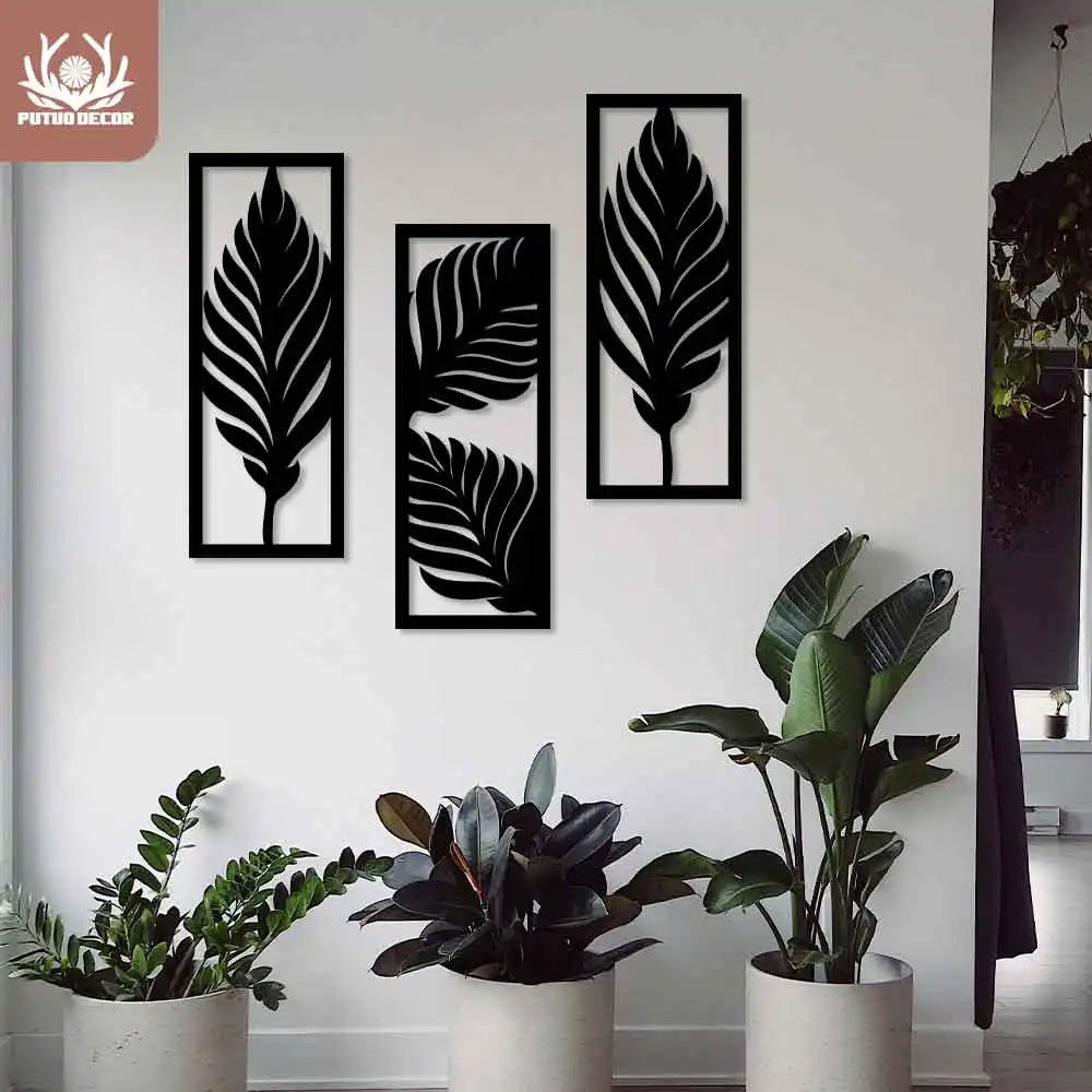 Boho Tropical Leaves Wood Wall Art Set - 3Pcs Black Plaque for Living Room/Bedroom Decor