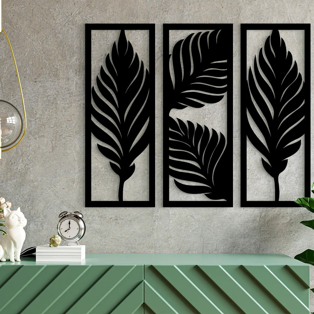 Boho Tropical Leaves Wood Wall Art Set - 3Pcs Black Plaque for Living Room/Bedroom Decor